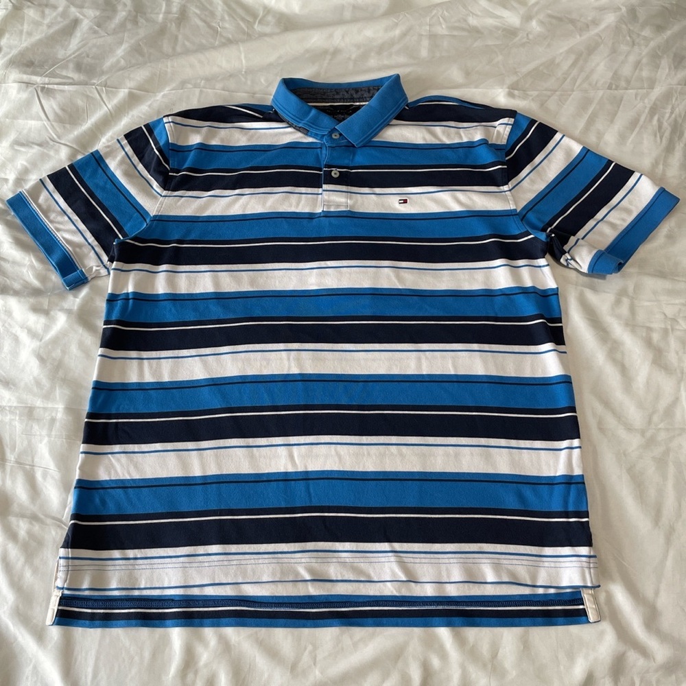 tommy hilfiger blue navy and white striped polo